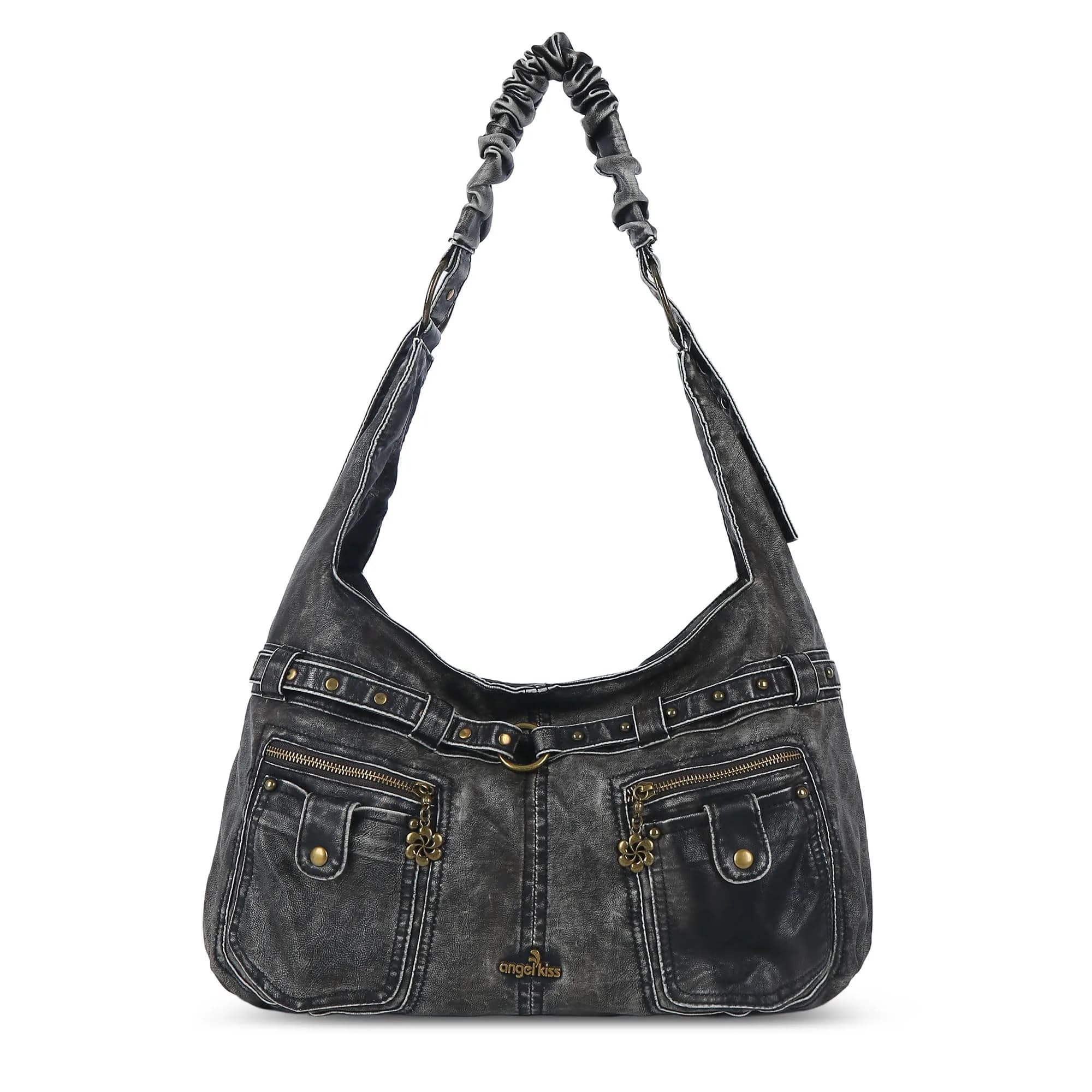 Angel Kiss Large Vegan Leather Hobo Shoulder Bag | Vintage Studded Design, 18" x 6" x 11"