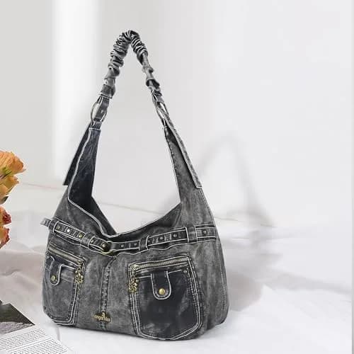 Angel Kiss Large Vegan Leather Hobo Shoulder Bag | Vintage Studded Design, 18" x 6" x 11" thumbnail 3