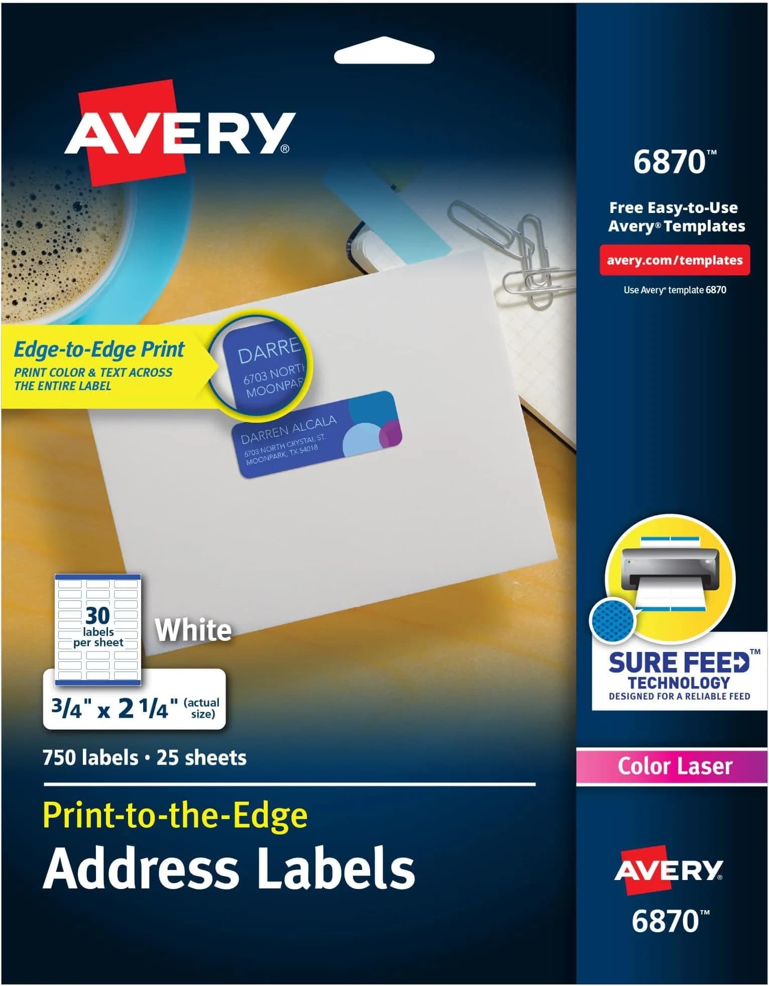 Avery Printable Address Labels 0.75" x 2.25" Matte White 750 Labels | Sure Feed Technology for Laser & Inkjet Printers — Color Laser
