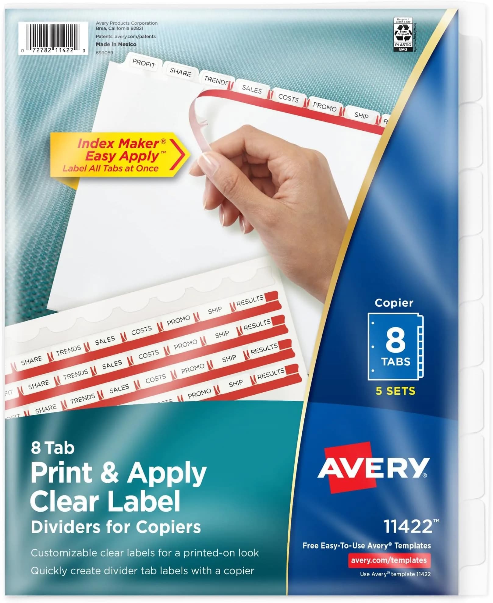 Avery 8 Tab Dividers for 3 Ring Binder, Easy Print & Apply Clear Label Strip, 5 Sets (Pack of 10) | Customizable White Tabs for Copiers