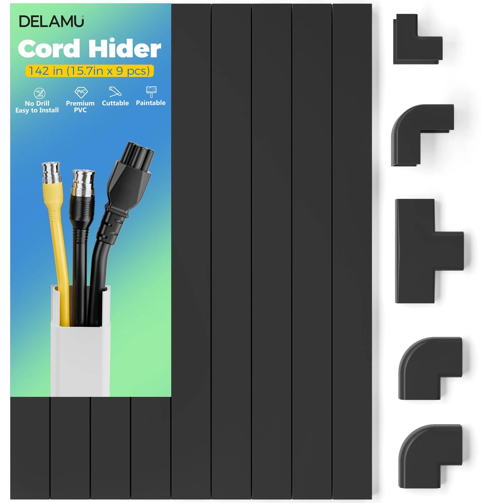 Delamu Black Cord Hider Cable Raceway Kit 142in (360.68 cm) | UL94 V-0 Rated for Safety - main product image