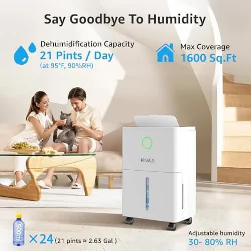 KNKA Dehumidifier for Basement 21 Pint | Smart Humidistat, Drain Hose, White thumbnail 2