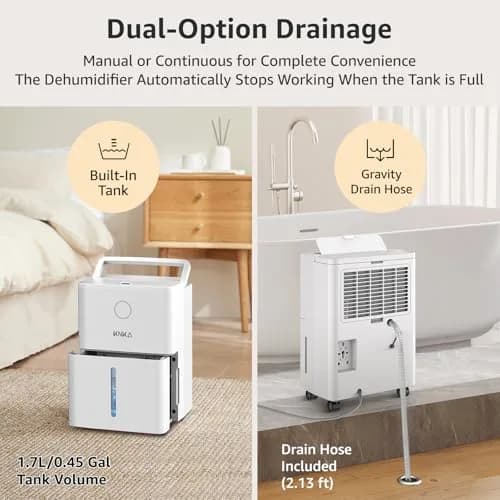 KNKA Dehumidifier for Basement 21 Pint | Smart Humidistat, Drain Hose, White thumbnail 3