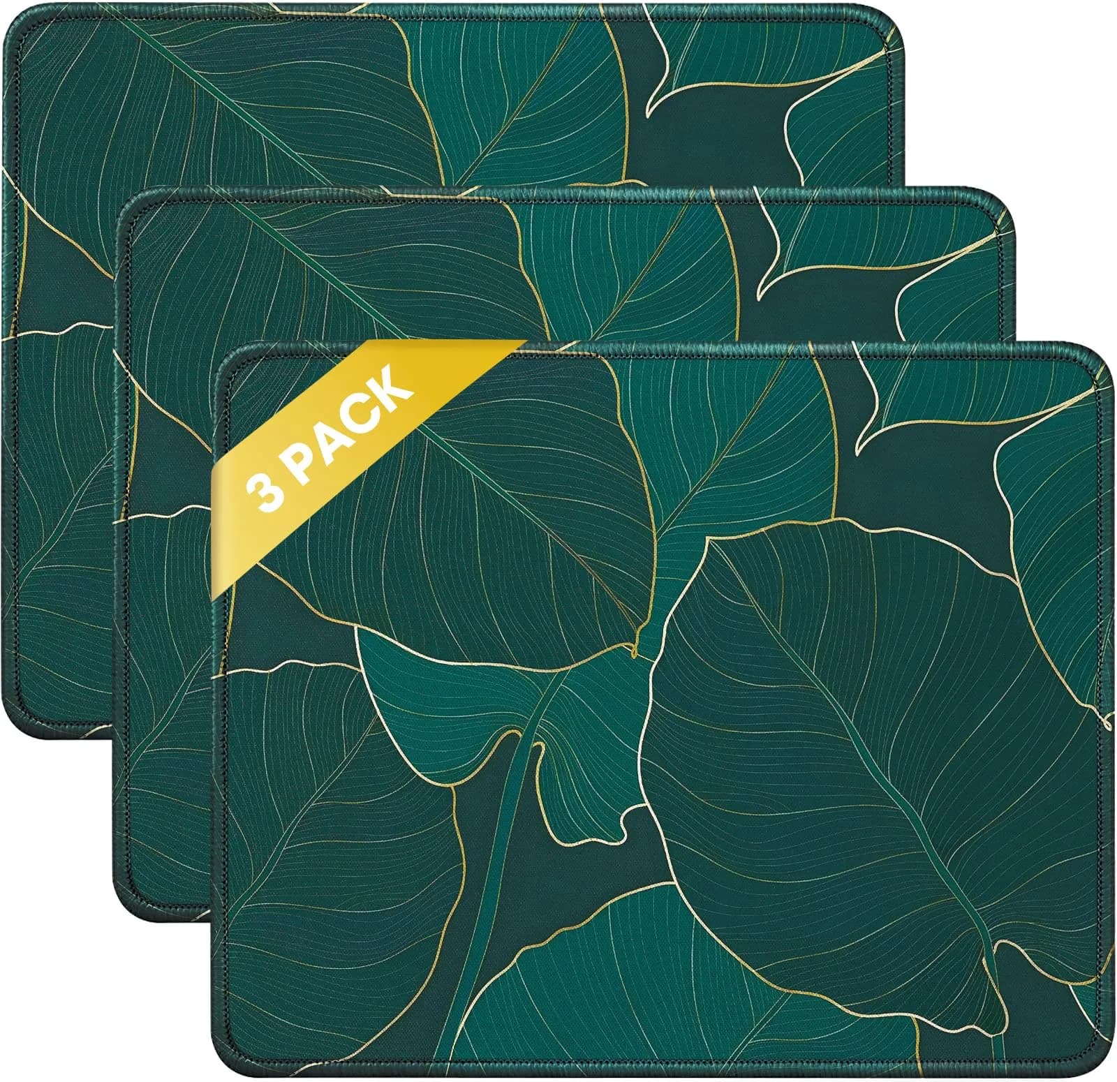 JIKIOU 3 Pack Mouse Pad with Stitched Edge, Portable Size 26cm x 21cm (10.2x8.3in) | Smooth Lycra Surface — Leaf