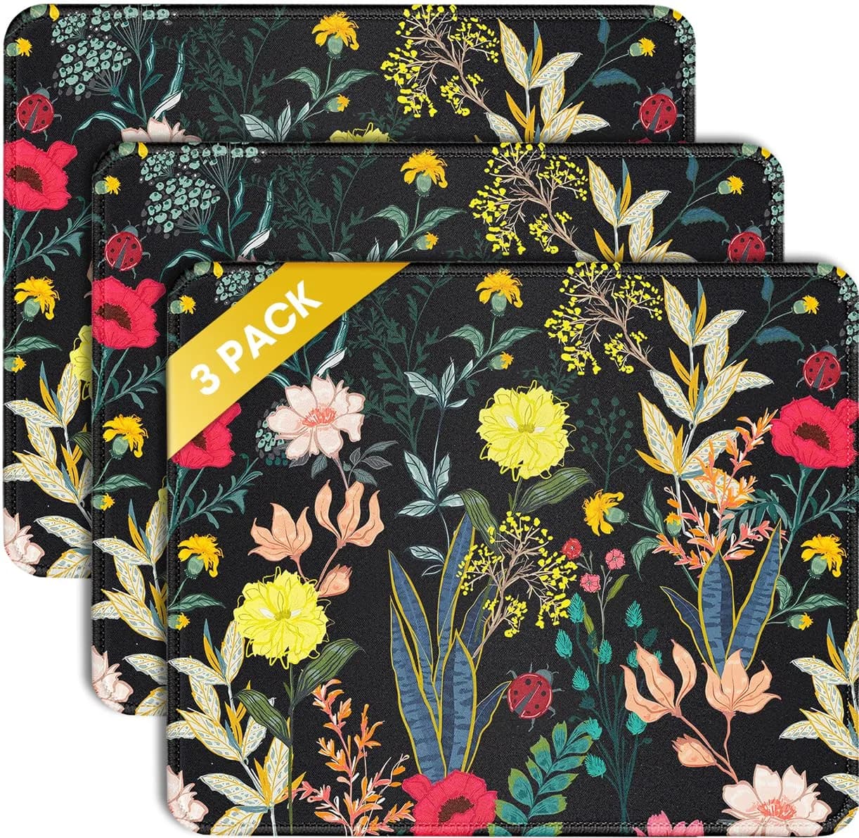 JIKIOU 3 Pack Mouse Pad with Stitched Edge, Portable Size 26cm x 21cm (10.2x8.3in) | Smooth Lycra Surface — Flowers with Black
