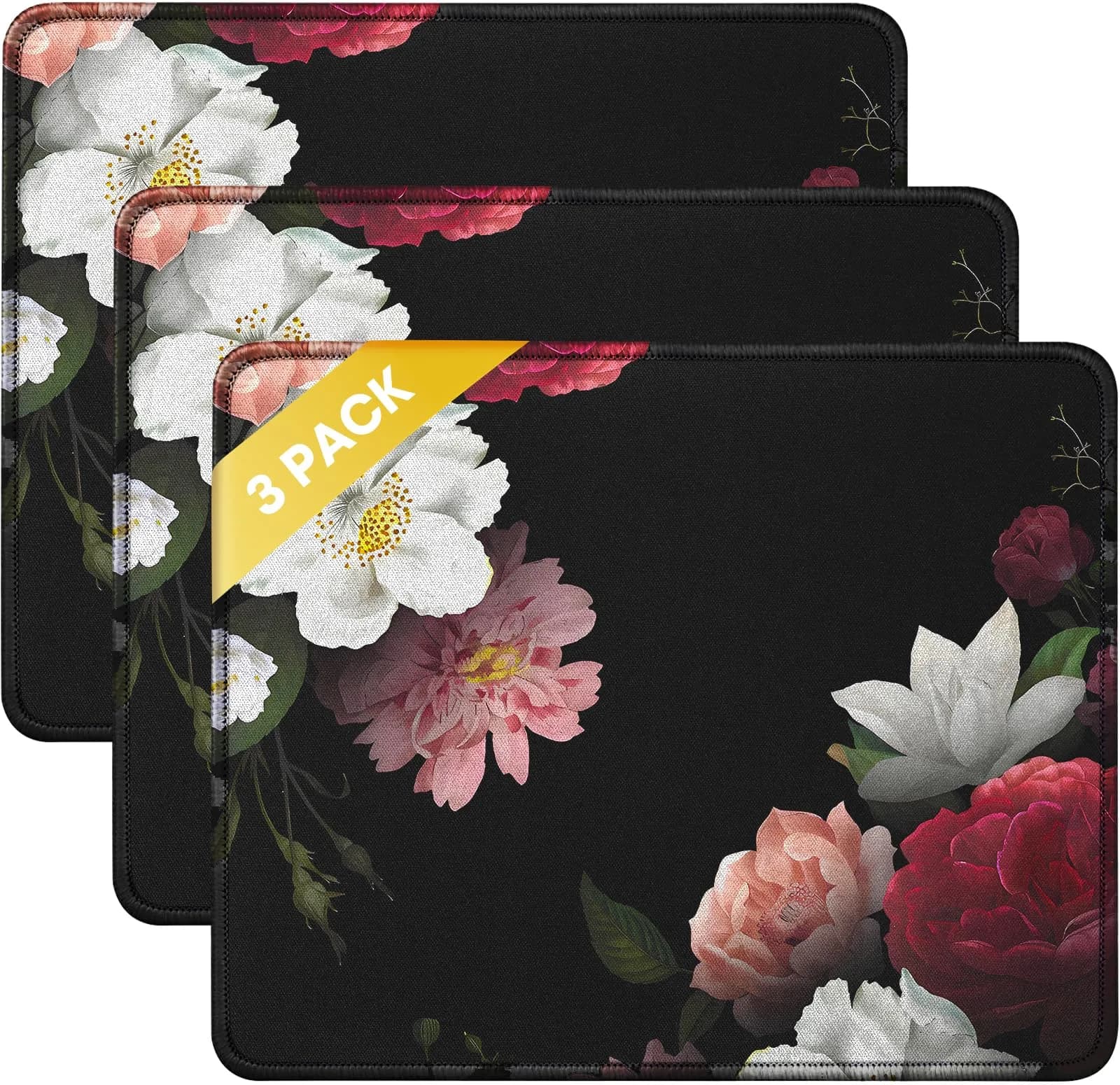 JIKIOU 3 Pack Mouse Pad with Stitched Edge, Portable Size 26cm x 21cm (10.2x8.3in) | Smooth Lycra Surface — Peony