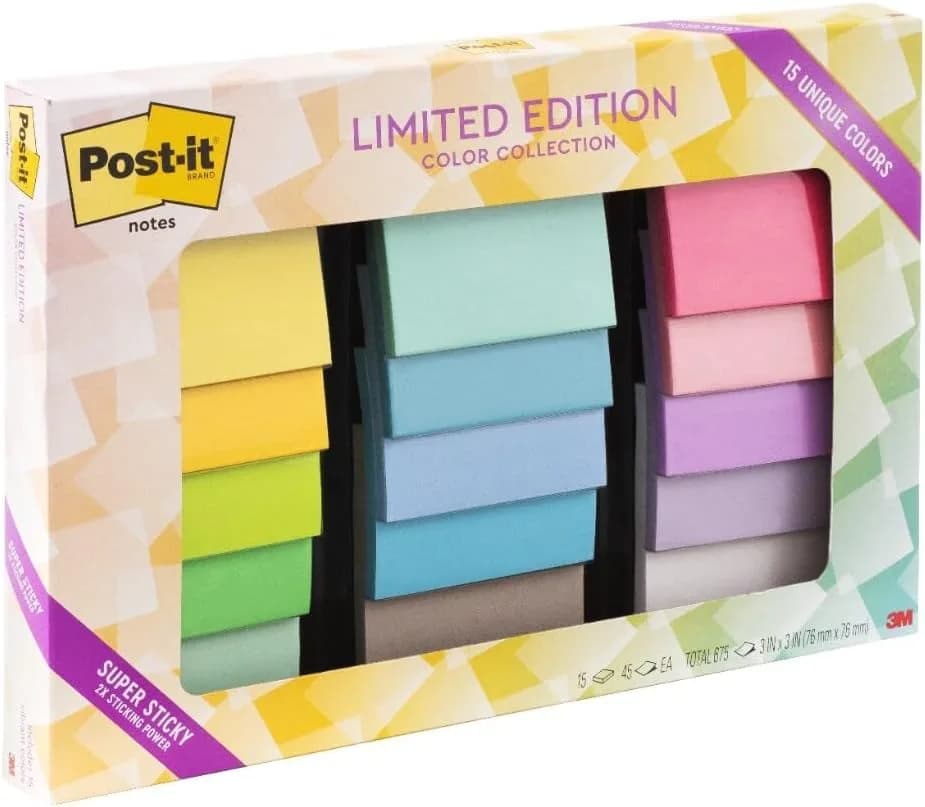 Post-it Super Sticky Notes 3 x 3 in Assorted Colors (15 Pads, 12-Pack) | 2X Sticking Power for Vertical Surfaces - main product image