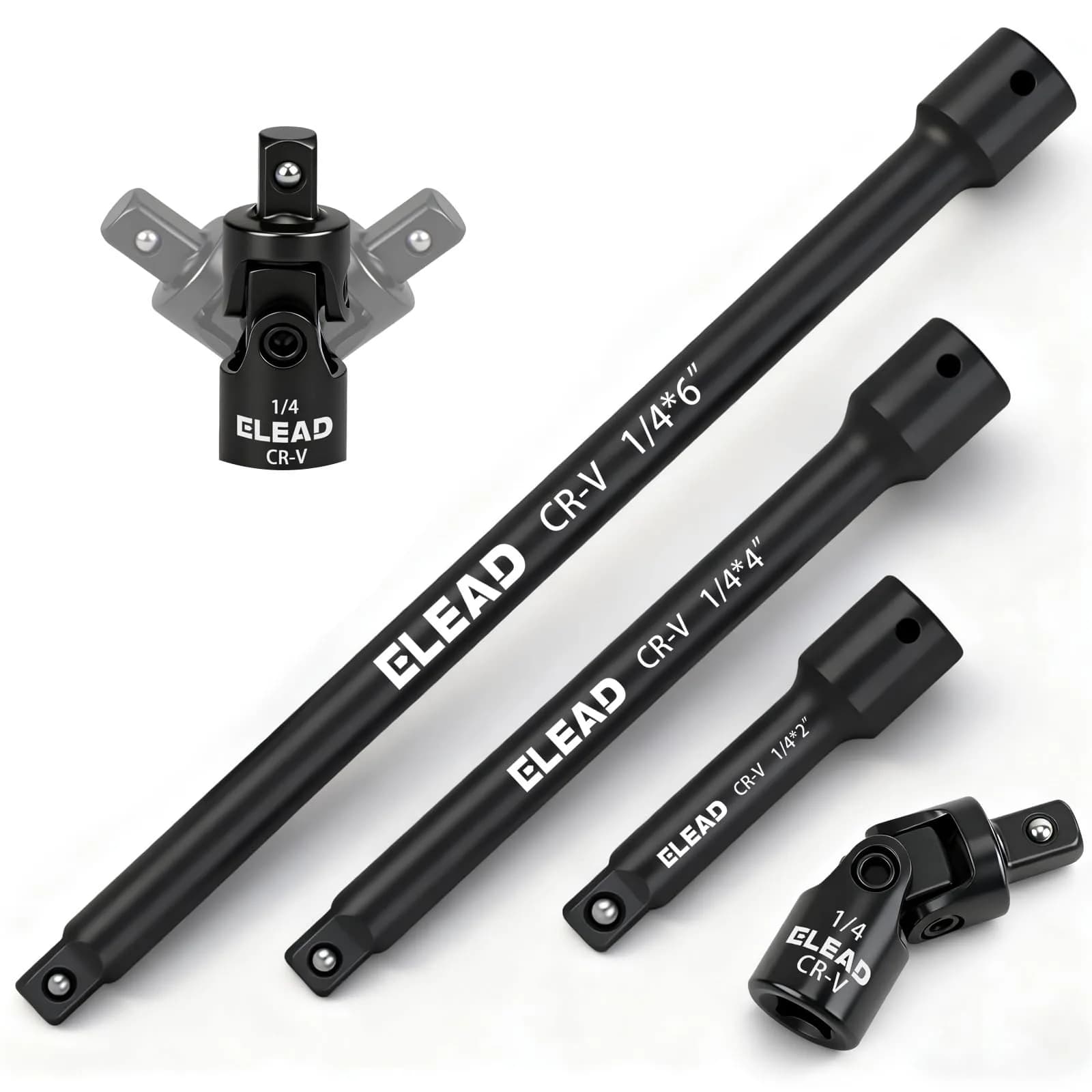 ELEAD 4-Piece 1/4" Drive Socket Extension Bar Set 2, 4, 6 inch | Premium Cr-V Steel, Universal Joint