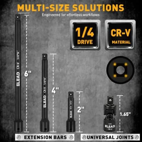 ELEAD 4-Piece 1/4" Drive Socket Extension Bar Set 2, 4, 6 inch | Premium Cr-V Steel, Universal Joint thumbnail 2