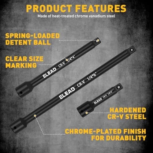 ELEAD 4-Piece 1/4" Drive Socket Extension Bar Set 2, 4, 6 inch | Premium Cr-V Steel, Universal Joint thumbnail 3