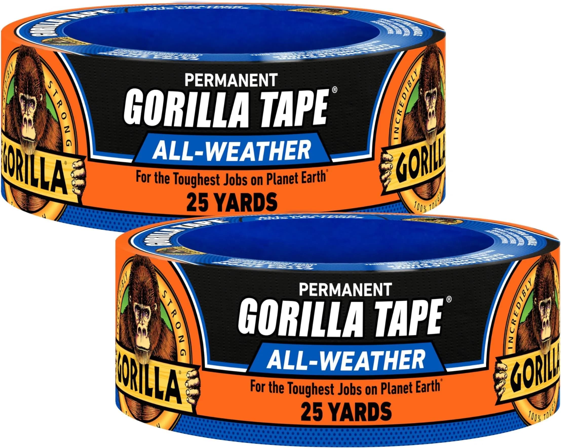 Gorilla All Weather Duct Tape Black 1.88" x 25 yd | Waterproof & UV Resistant for Outdoor Repairs (2-Pack, 12 Rolls Total)