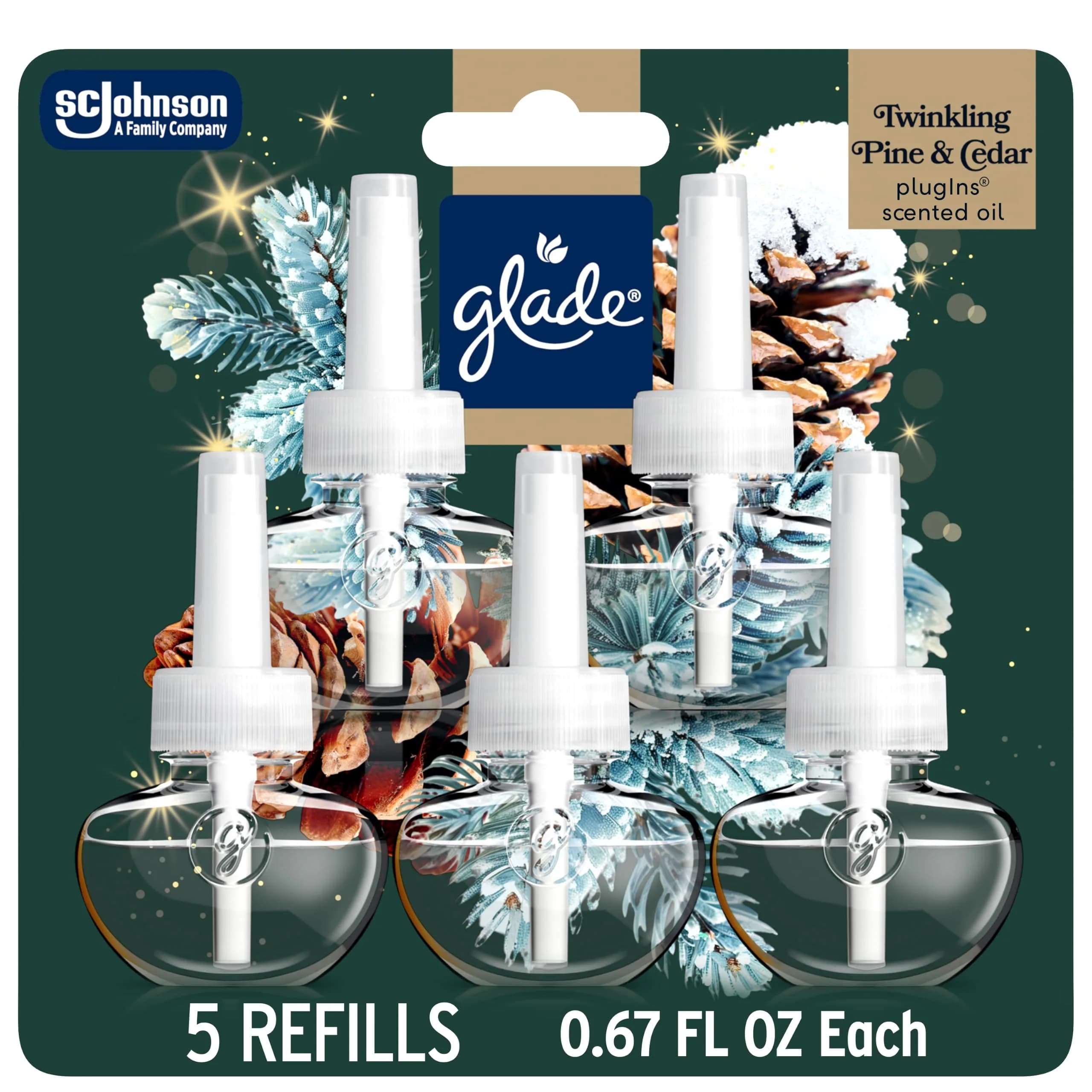 Glade PlugIns Scented Oil Refills Twinkling Pine & Cedar 3.35 fl oz (100 ml) | Festive Warmth for Indian Homes - main product image