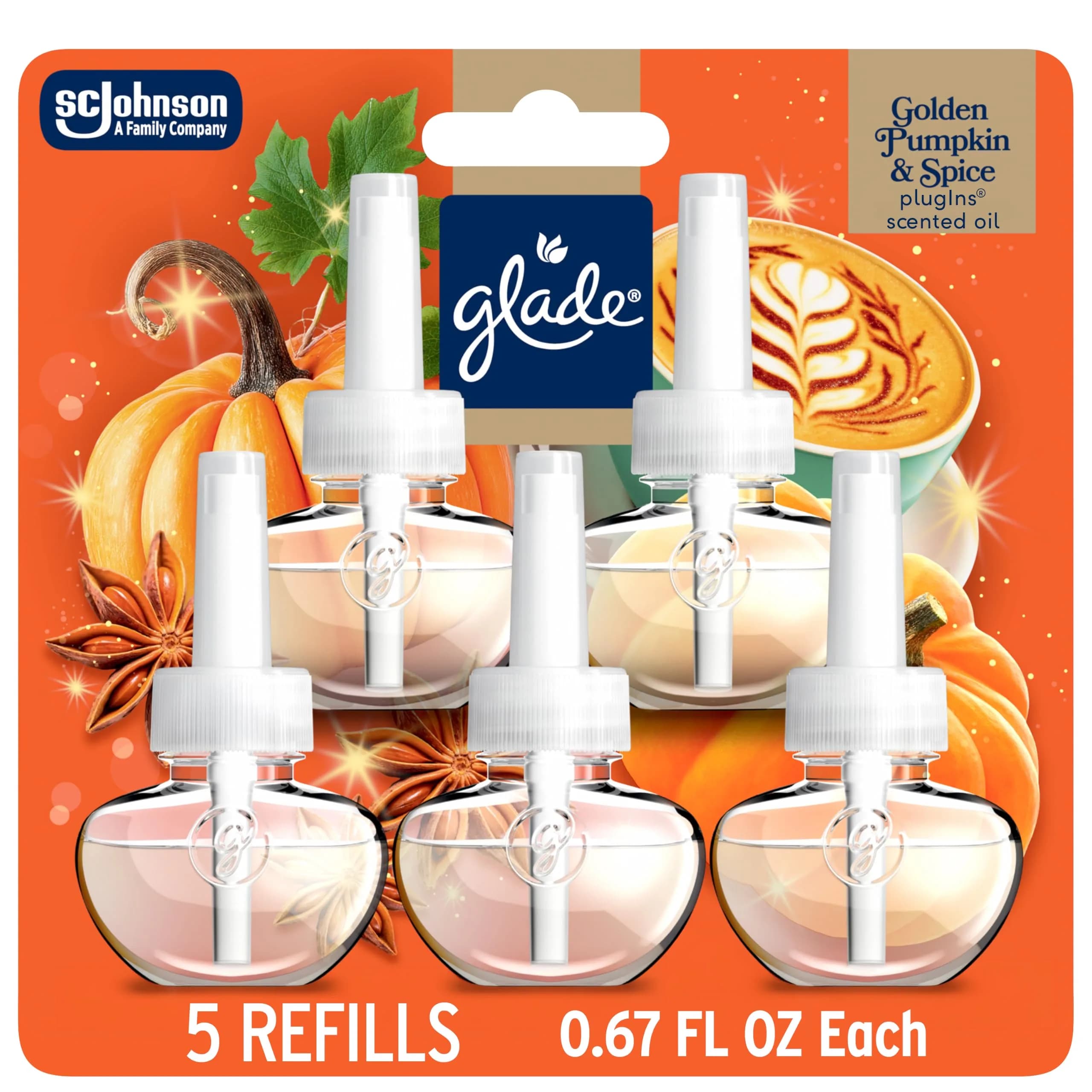 Glade PlugIns Scented Oil Refills Golden Pumpkin & Spice 3.35 fl oz (100 ml) | Festive Warmth for Indian Homes - main product image