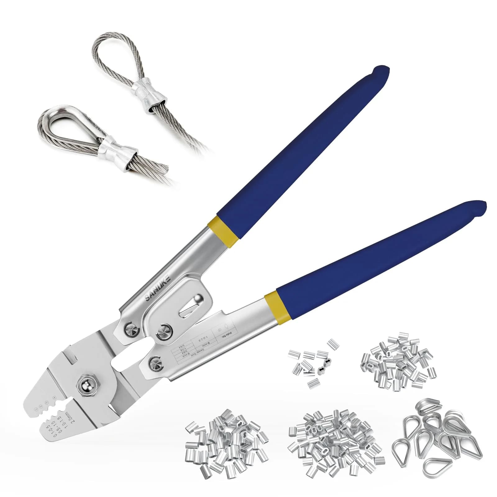 Sanuke Wire Rope Crimping Kit with 160pcs Ferrule Sleeves & 10pcs Steel Thimbles | 2.2mm Cable Swaging Tool — 160PCS Sleeves+Crimper