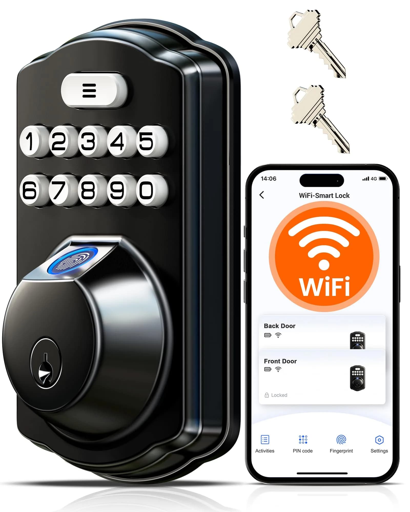 Veise VE012W WiFi Fingerprint Smart Lock with App Control & Keyless Entry, Satin Nickel (1-Pack) — Black