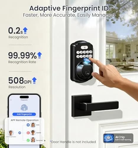 Veise VE012W WiFi Fingerprint Smart Lock for Front Door, Matte Black - 1.68 lbs (0.76 kg) thumbnail 4