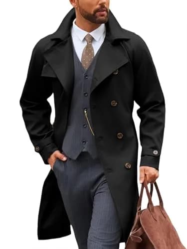 Runcati Mens Trench Coat Double Breasted Windbreaker Long Jacket Overcoat | Water-Resistant, Classic Fall Style thumbnail 1