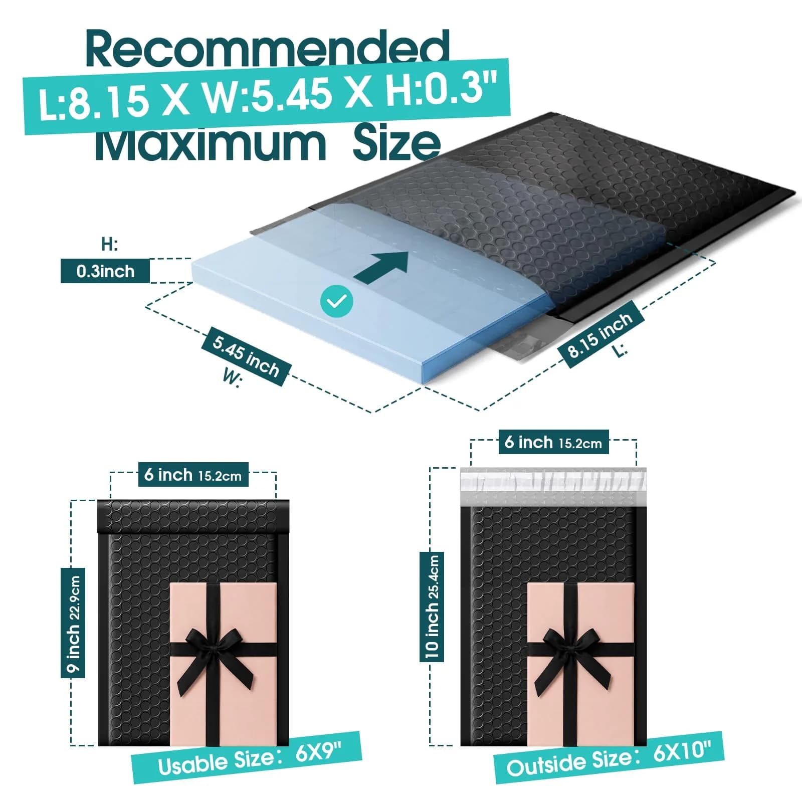 Fuxury Teal Bubble Mailers 8.5x12 Inch (40 Pack) | USA Import for Small Business Packaging — Black / 6x10" 9600PC