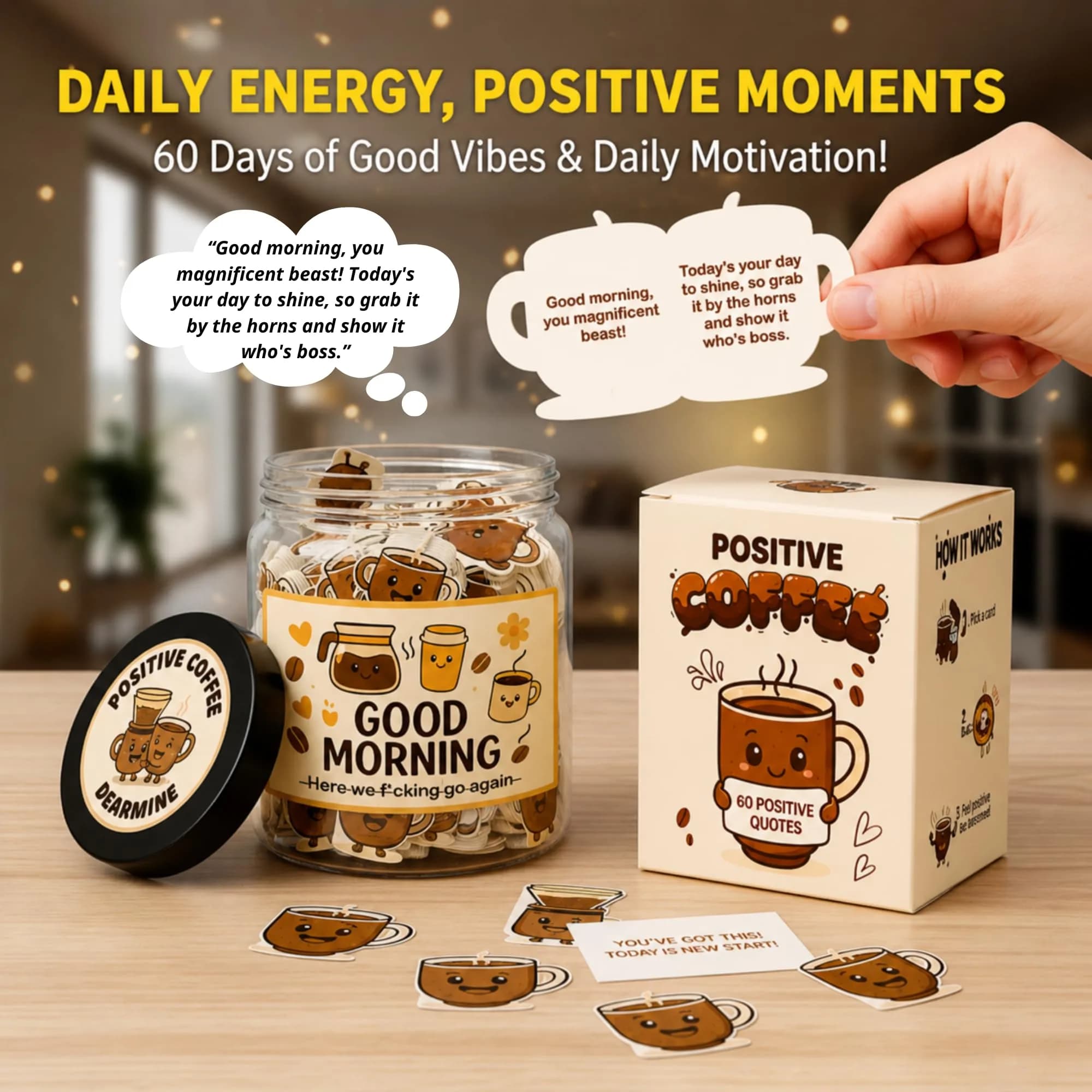 DEARMINE Positive Tulip Jar with 60 Affirmation Cards | 7.3cm (2.87in) Diameter — Positive Coffee
