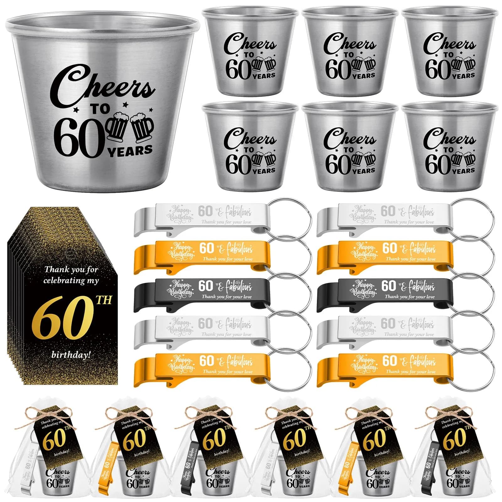 Domensi 60th Birthday Party Favors Set | Cheers to 60 Years Shot Glasses & Gifts (110 characters)