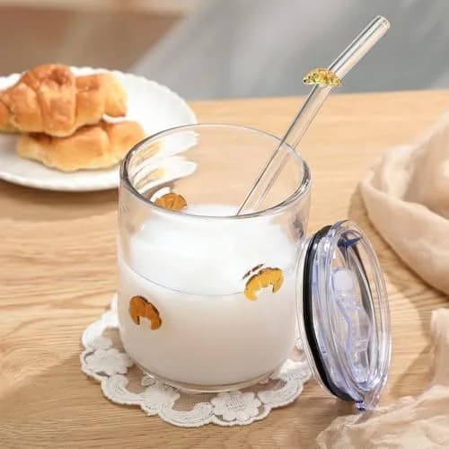 SiliFine Croissant 14 oz Glass Tumbler with Slider Lid & Straw | Durable, Elegant Drinkware for Home & Gifts thumbnail 3