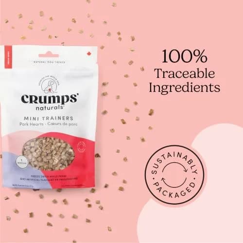 Crumps’ Naturals Mini Trainers Freeze Dried Pork Hearts 1.9oz | Protein & Training Reward (120c) thumbnail 9