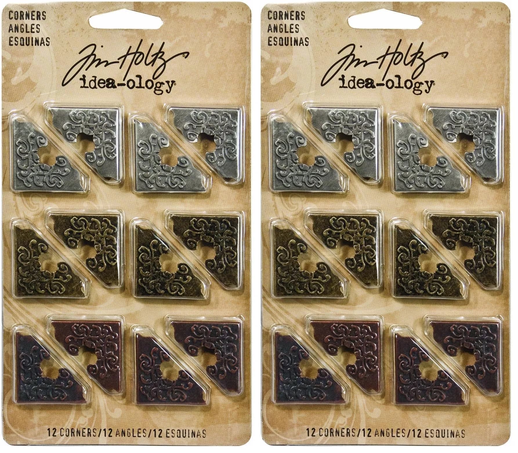 Tim Holtz Idea-ology Metal Corners 1 Inch Antique Finishes Pack of 2 (24 Corners Total) | Vintage Charm for Art Projects — 2-Pack