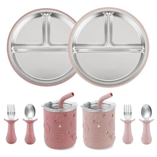 PandaEar Stainless Steel Baby Feeding Set | 2 Divided Plates, 2 Straw Cups, 2 Utensil Sets | 8-Piece Pink Set thumbnail 1