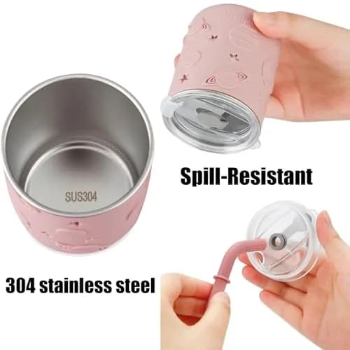 PandaEar Stainless Steel Baby Feeding Set | 2 Divided Plates, 2 Straw Cups, 2 Utensil Sets | 8-Piece Pink Set thumbnail 4