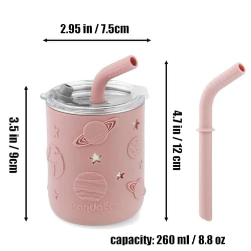 PandaEar Stainless Steel Baby Feeding Set | 2 Divided Plates, 2 Straw Cups, 2 Utensil Sets | 8-Piece Pink Set thumbnail 7