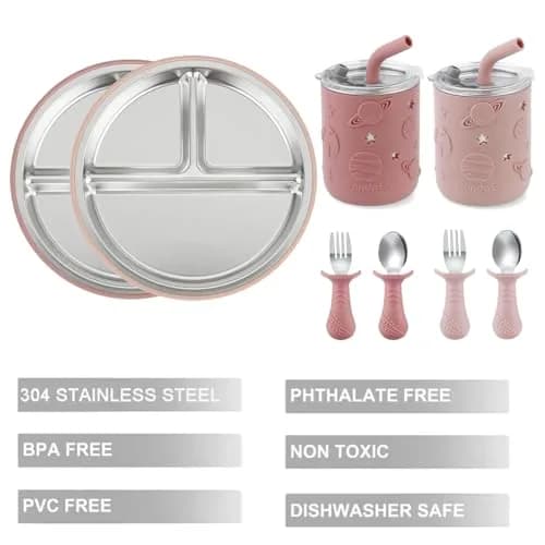 PandaEar Stainless Steel Baby Feeding Set | 2 Divided Plates, 2 Straw Cups, 2 Utensil Sets | 8-Piece Pink Set thumbnail 3