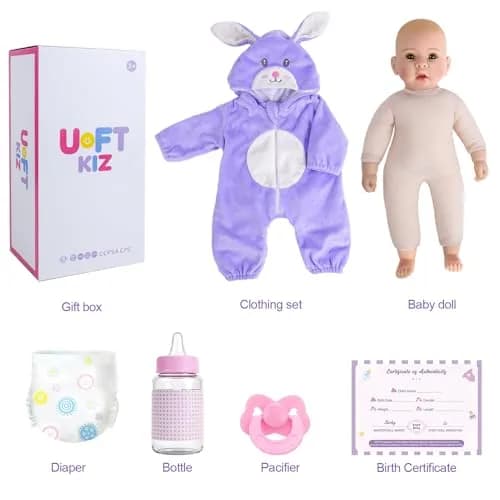 UOFTKIZ Realistic Baby Doll 17 Inch Soft Cloth Body with Purple Rabbit Outfit | Pretend Play Toy for Ages 3+ thumbnail 7