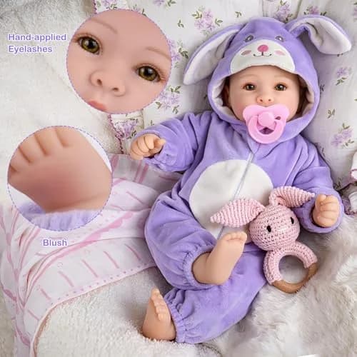 UOFTKIZ Realistic Baby Doll 17 Inch Soft Cloth Body with Purple Rabbit Outfit | Pretend Play Toy for Ages 3+ thumbnail 3