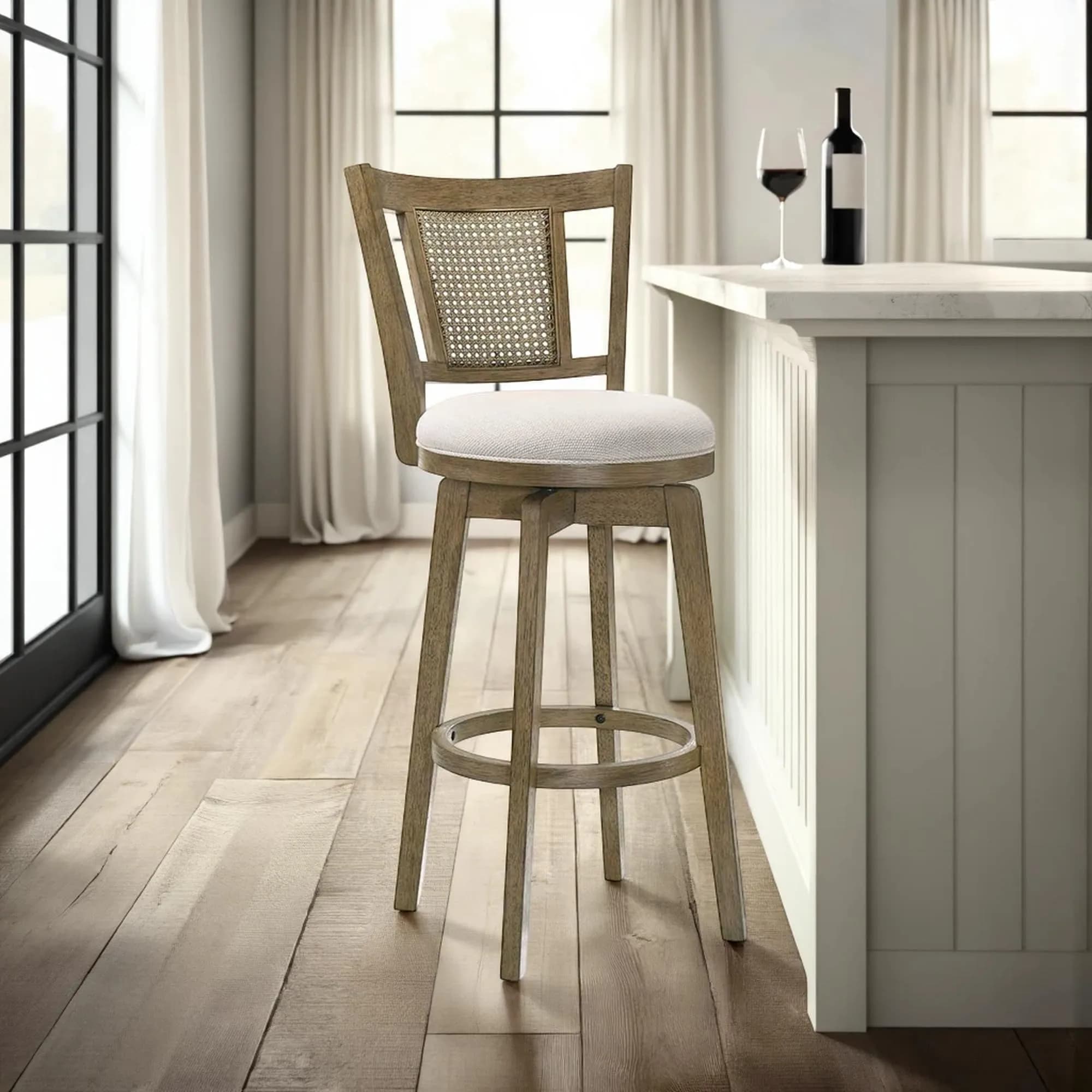 Armen Living Isla 30 in. Putty Brown Bar Height Rubberwood Swivel Barstool with Cream Fabric Seat - main product image