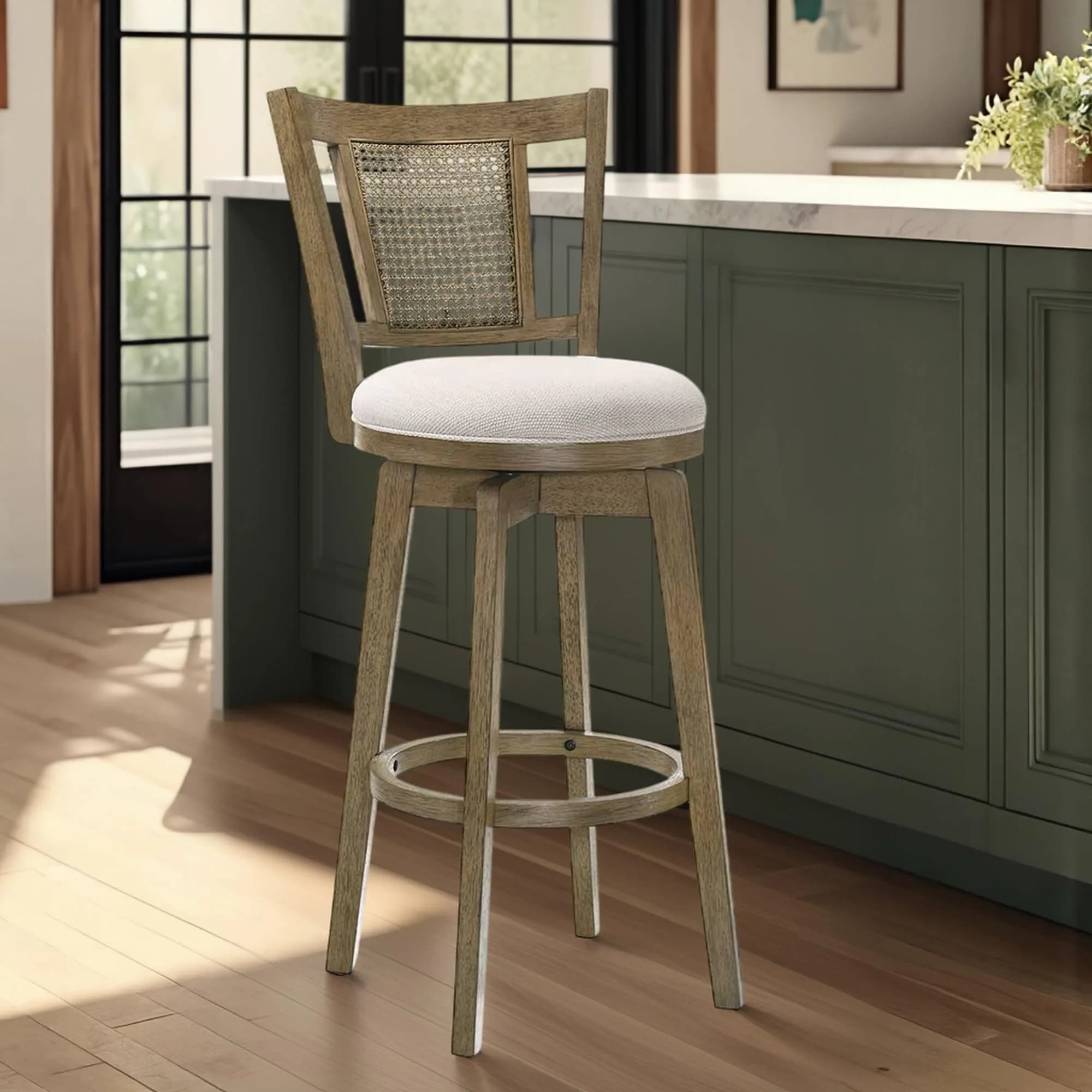 Armen Living Isla 26 in. Putty Brown Counter Height Rubberwood Swivel Barstool with Cream Fabric Seat - main product image