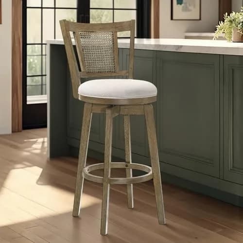 Armen Living Isla 26 in. Putty Brown Counter Height Rubberwood Swivel Barstool with Cream Fabric Seat thumbnail 1