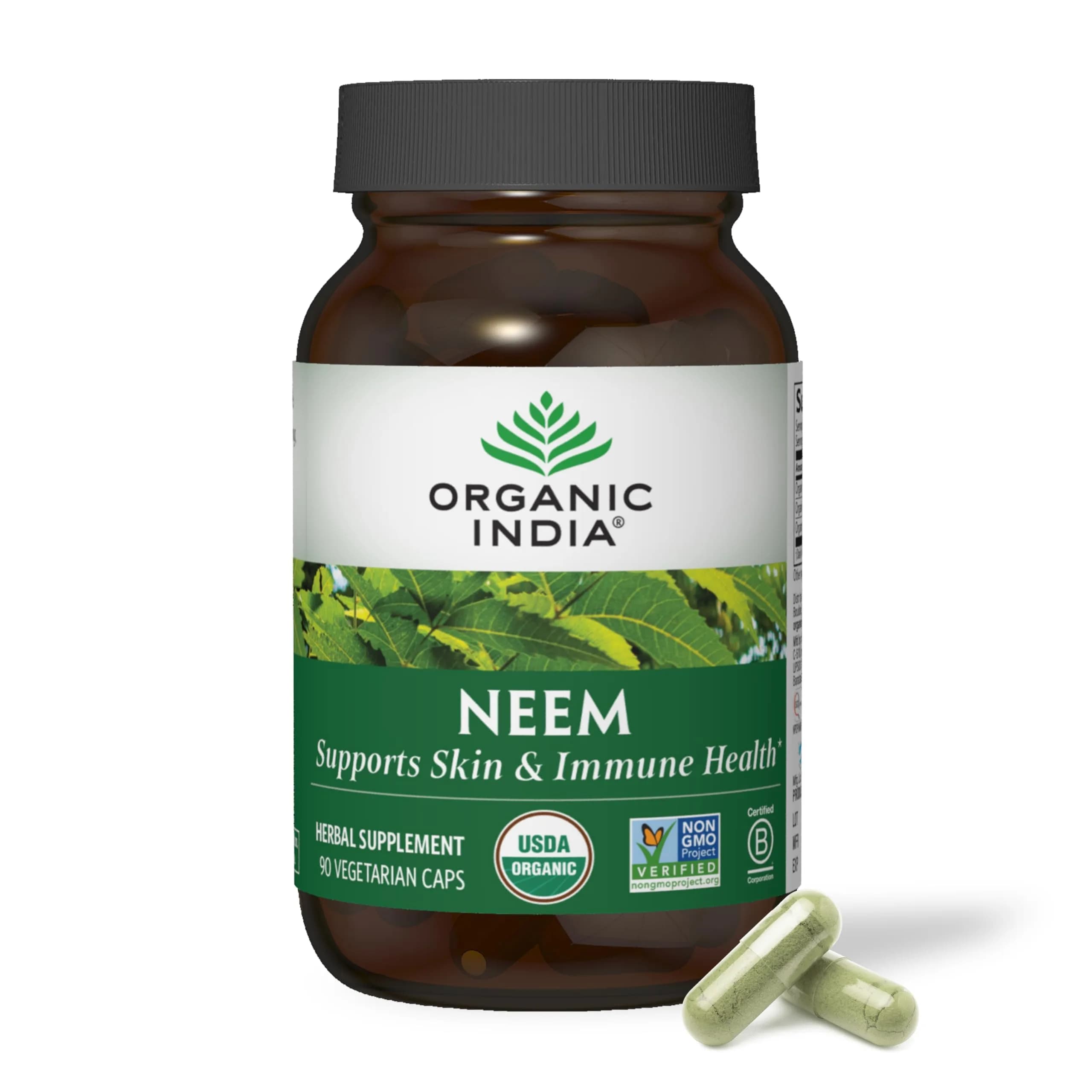 ORGANIC INDIA Neem Leaf Capsules, Herbal Supplement, Vegan, 90 Count | Supports Skin & Immunity
