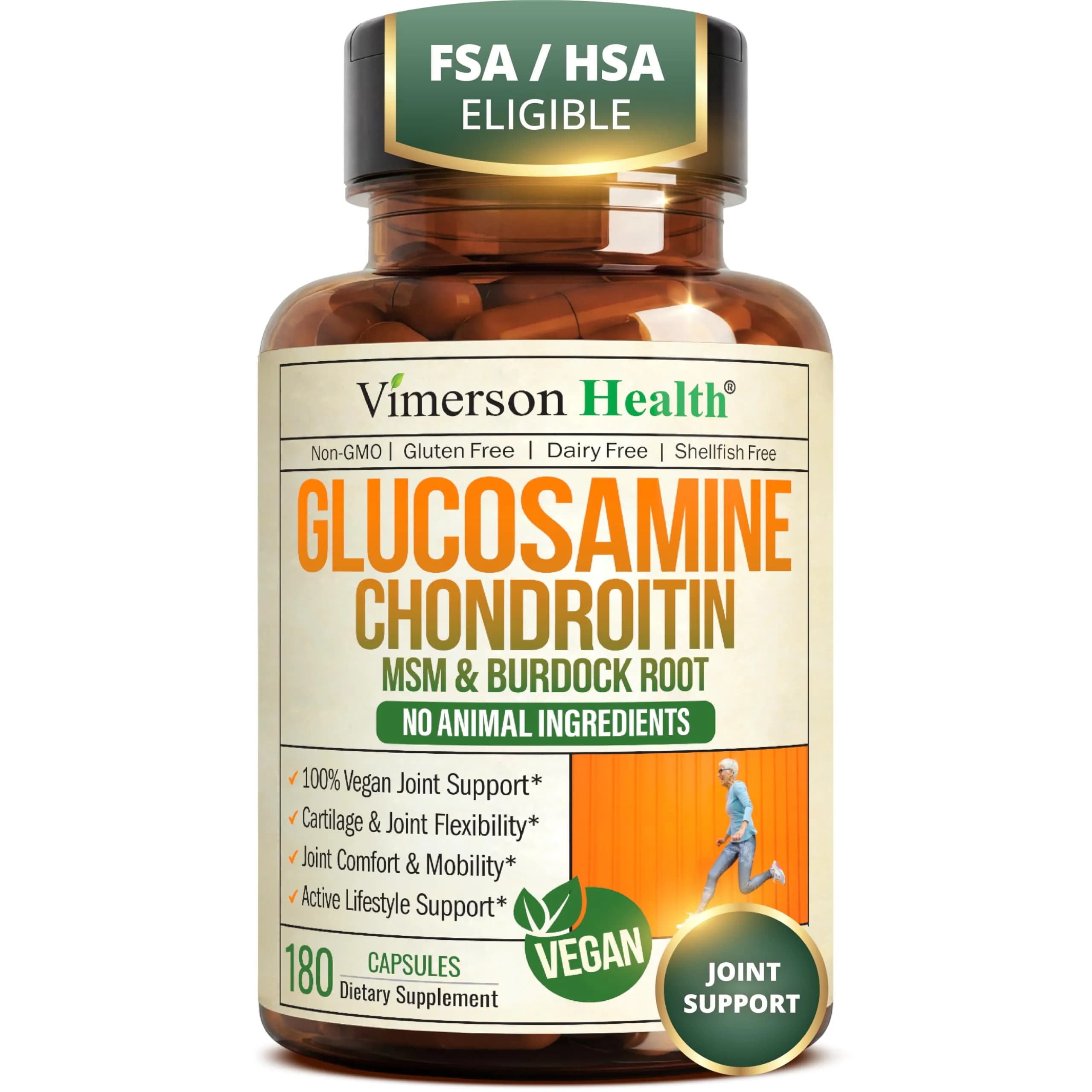Vimerson Health Vegan Glucosamine Chondroitin MSM Joint Supplement 180 Capsules | Plant-Based Joint Support for Mobility & Comfort