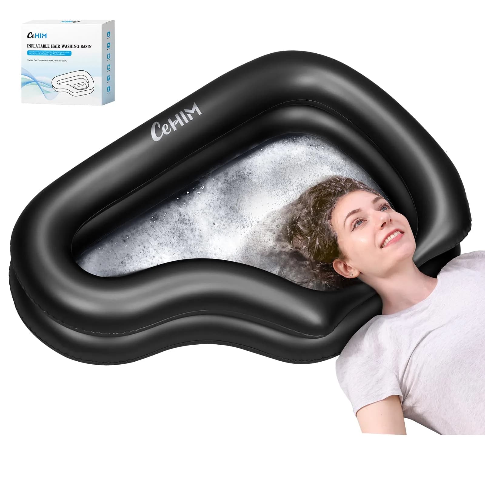 Cehim Inflatable Portable Shampoo Bowl with Drain Hose | Bedside Hair Wash Solution for Elderly & Disabled — Black