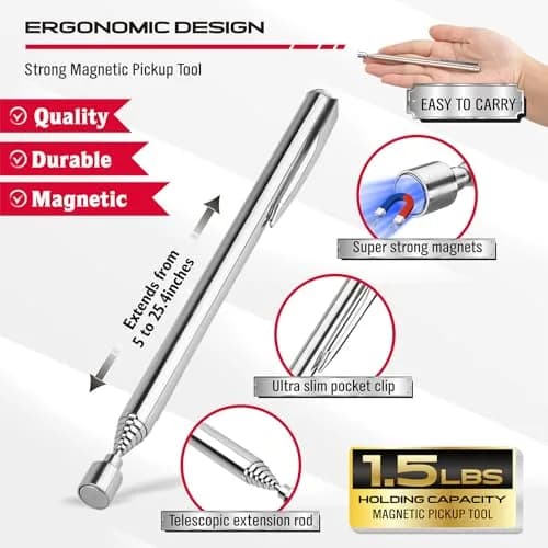 SEDY 4-Piece Magnetic Pickup Tools Set: 31in Telescoping Stick (78.7cm), 25in Pen Magnet (63.5cm), 20in Flexible Stick (50.8cm) | Workshop & Garage Essentials thumbnail 5