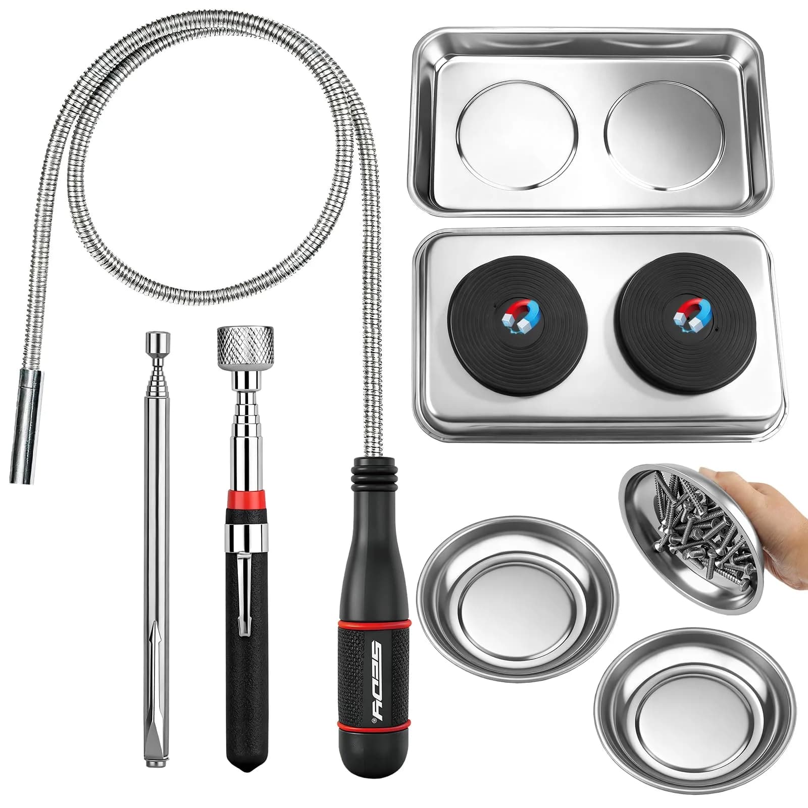 SEDY 6-Piece Telescoping Magnetic Pickup Tools Set with Trays | 31in Extendable Stick & Flexible Grabber — Premium Multi-Tool Set