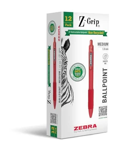 Zebra Pen Z-Grip Recycled Ballpoint Pens, Red Ink, 1.0mm, 12-Pack | Smooth Writing for Students & Professionals thumbnail 1