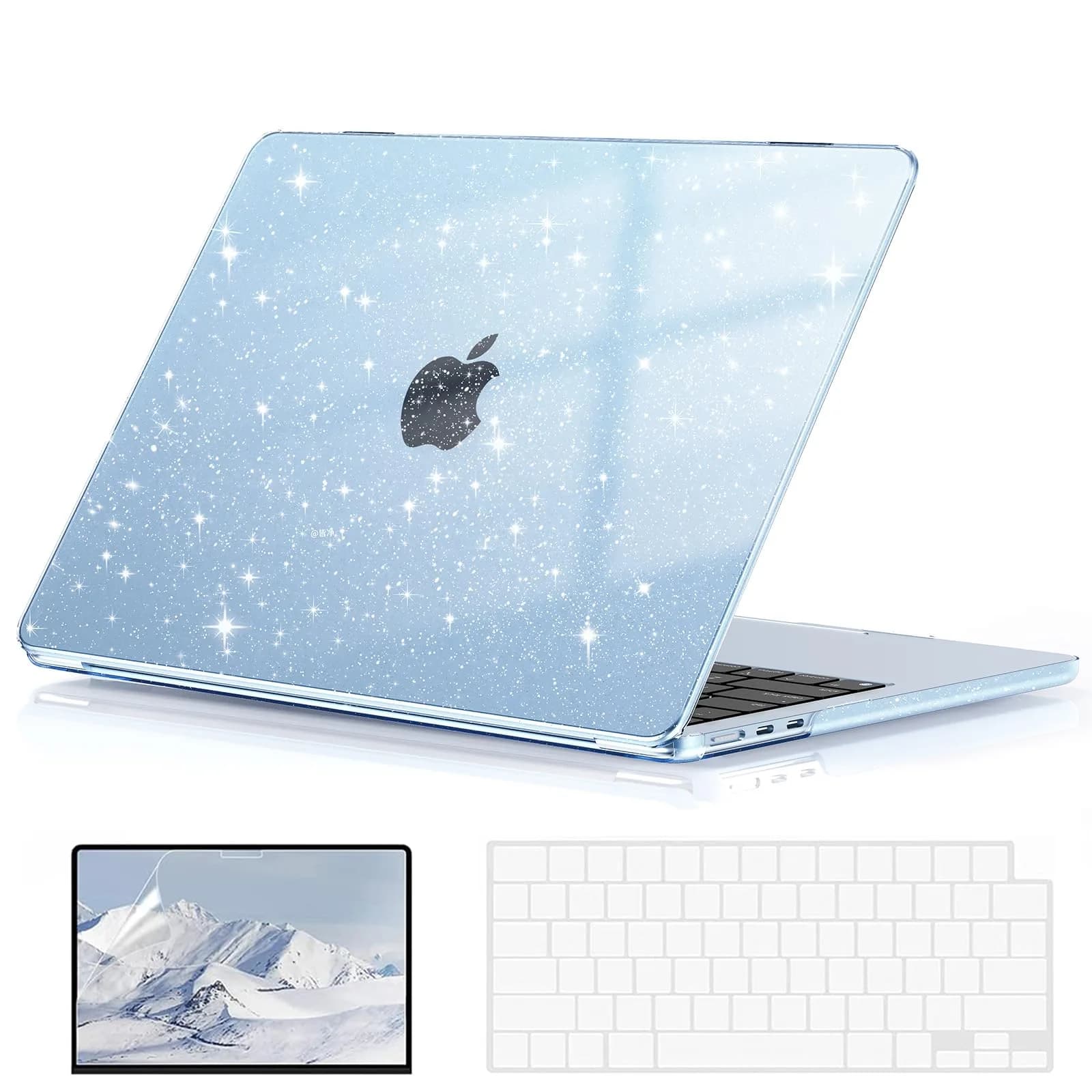 EooCoo Sparkly Case for MacBook Air 13 inch M5/M4/M3/M2 2026-2022 | Clear, Ultra-Thin & Scratch-Resistant — Sparkly Sky Blue
