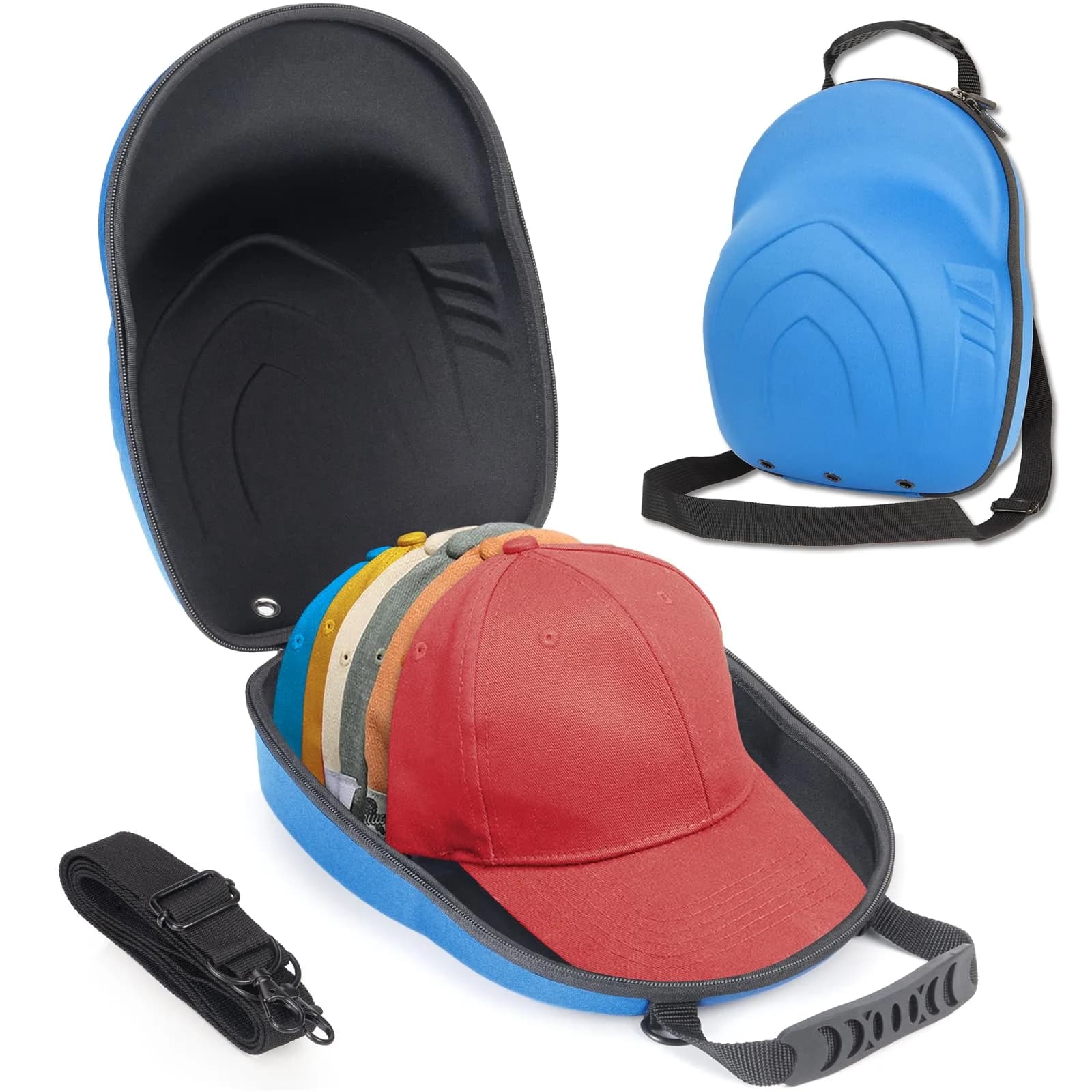 Glamgen Hard Hat Travel Case for 6 Baseball Caps with Shoulder Strap & Handle, Blue | Protects Hats on Travel & Home