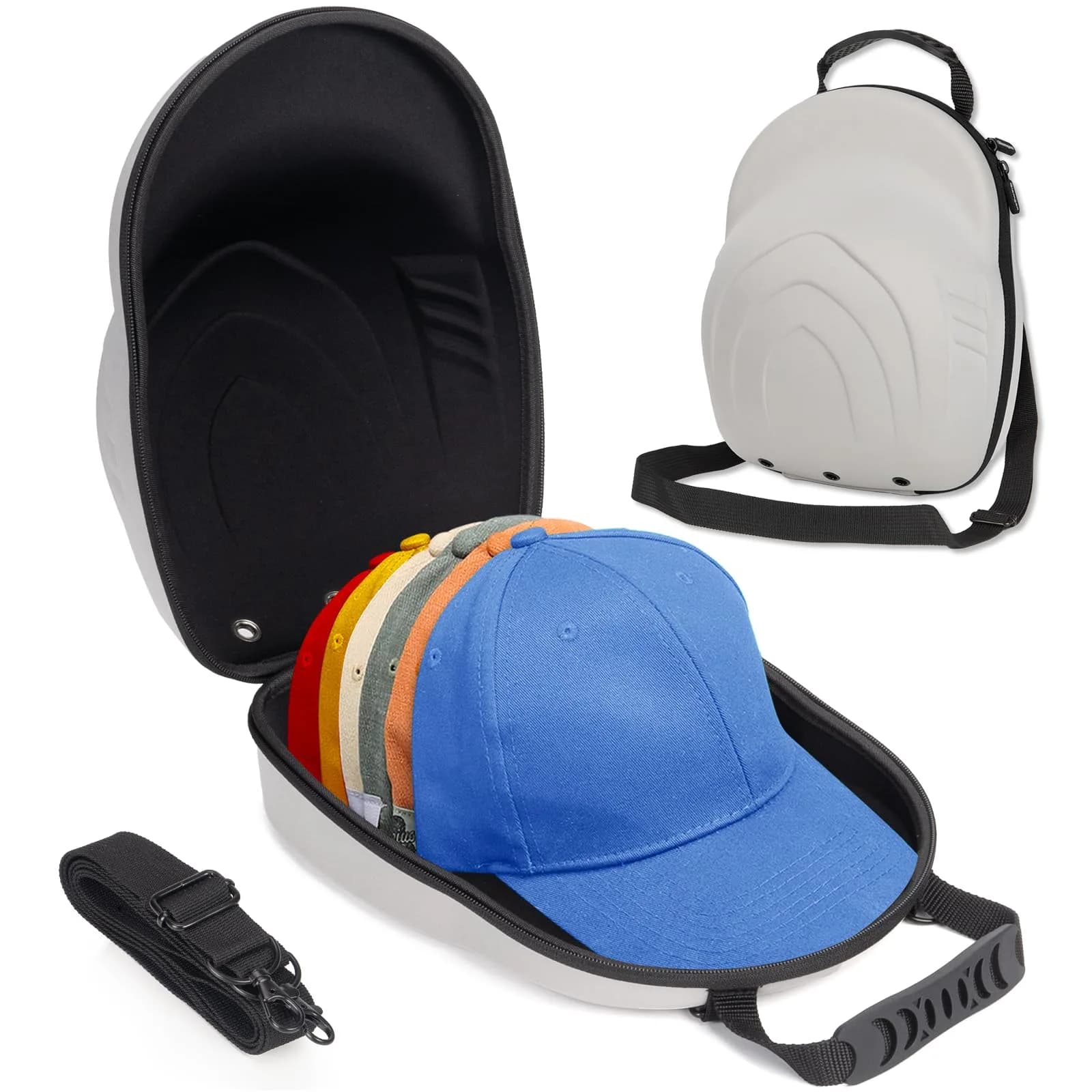 Glamgen Hard Hat Travel Case for 6 Baseball Caps with Shoulder Strap & Handle, Blue | Protects Hats on Travel & Home — Grey