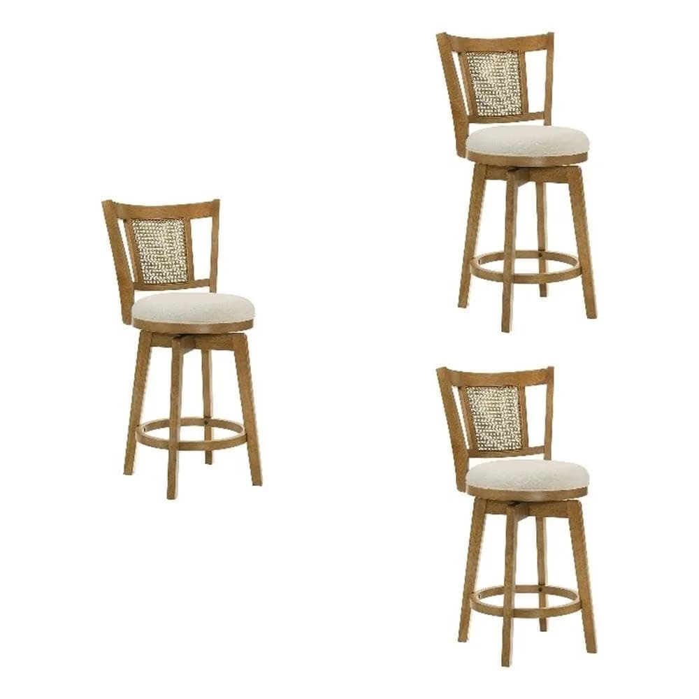 Armen Living Isla 26 in. Putty Brown Counter Height Rubberwood Swivel Barstool with Cream Fabric Seat — Set of 3