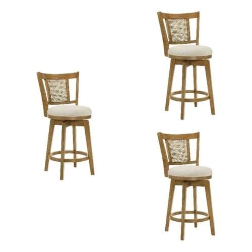 Armen Living Isla 26 in. Amber Glow Counter Height Rubberwood Swivel Barstool with Ivory Fabric Seat - Set of 3 thumbnail 1