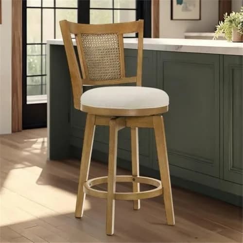 Armen Living Isla 26 in. Amber Glow Counter Height Rubberwood Swivel Barstool with Ivory Fabric Seat - Set of 3 thumbnail 6