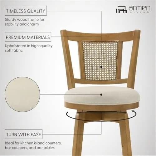 Armen Living Isla 26 in. Amber Glow Counter Height Rubberwood Swivel Barstool with Ivory Fabric Seat - Set of 3 thumbnail 7