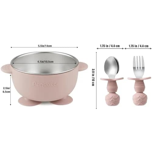 PandaEar Baby Feeding Set | Stainless Steel Plates & Bowls with Silicone Utensils | Toddler Tableware (Pink & Blue) thumbnail 5